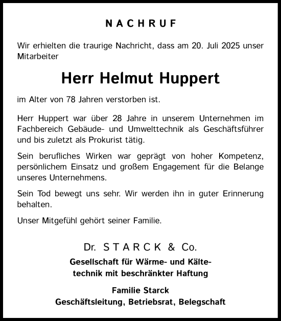 Anzeige von Helmut Huppert von Kölner Stadt-Anzeiger / Kölnische Rundschau / Express