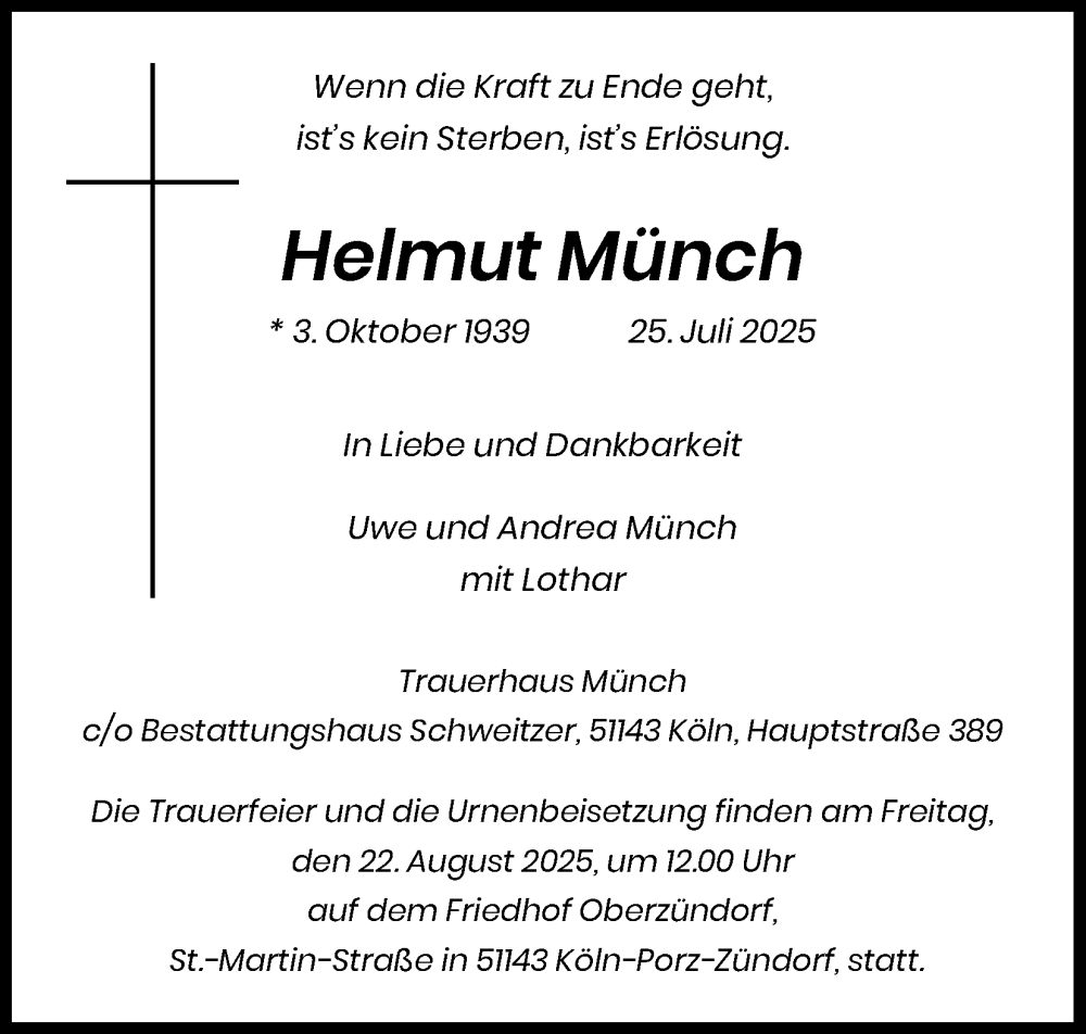  Traueranzeige für Helmut Münch vom 09.08.2025 aus Kölner Stadt-Anzeiger / Kölnische Rundschau / Express