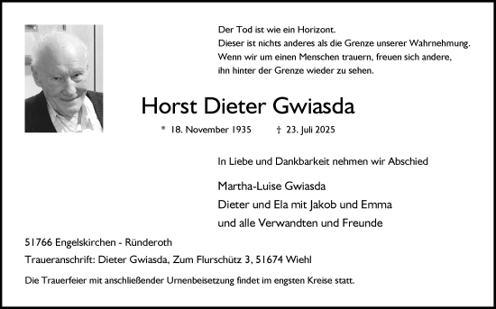 Anzeige von Horst Dieter Gwiasda von Kölner Stadt-Anzeiger / Kölnische Rundschau / Express