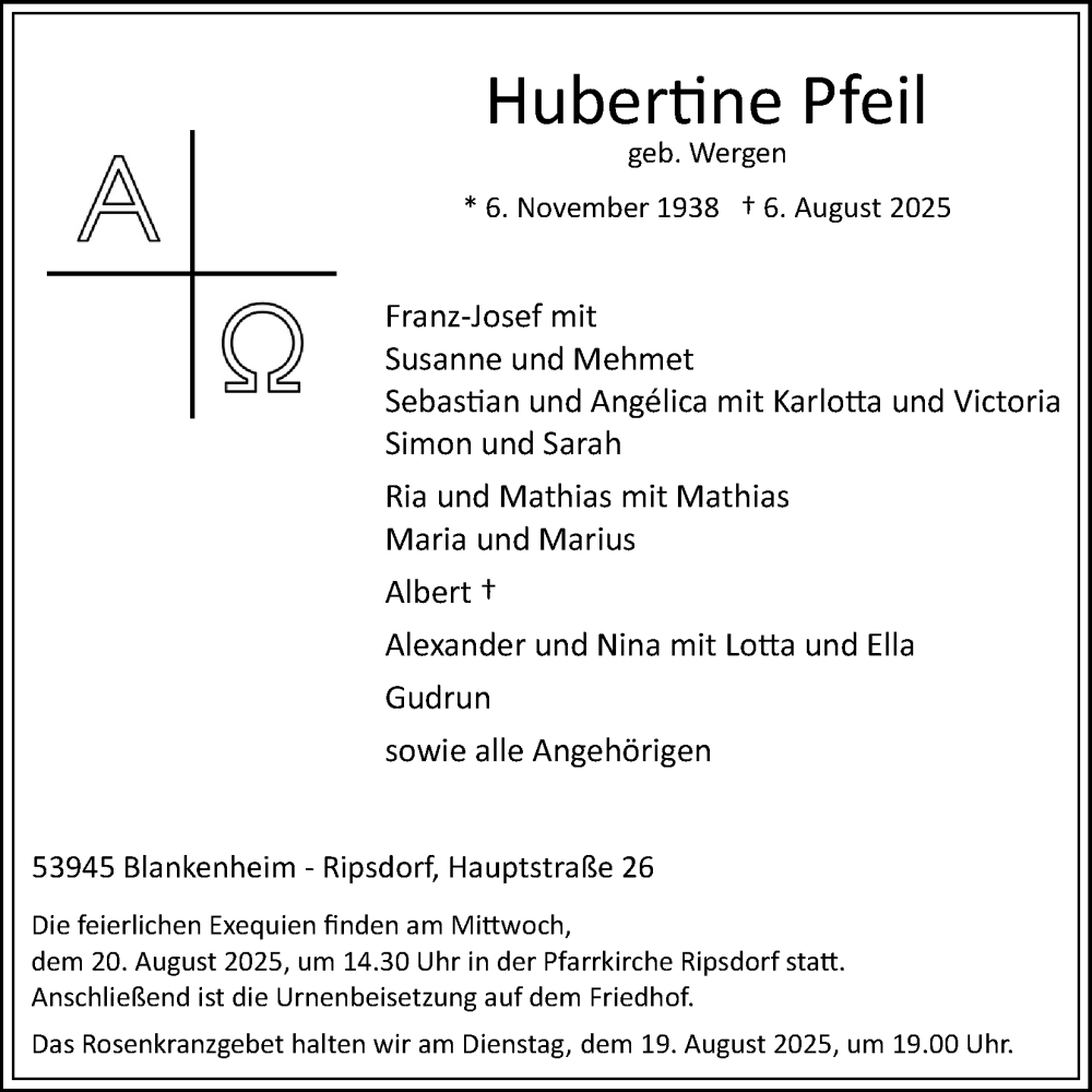  Traueranzeige für Hubertine Pfeil vom 16.08.2025 aus Kölner Stadt-Anzeiger / Kölnische Rundschau / Express