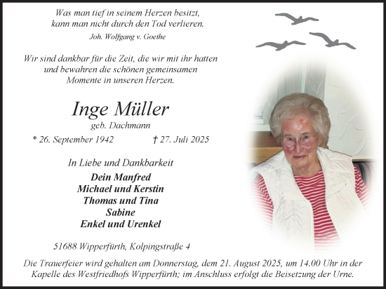 Anzeige von Inge Müller von Kölner Stadt-Anzeiger / Kölnische Rundschau / Express