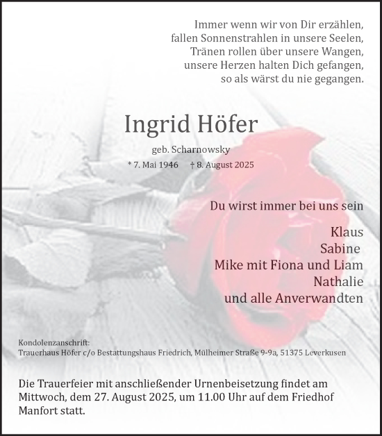 Anzeige von Ingrid Höfer von Kölner Stadt-Anzeiger / Kölnische Rundschau / Express