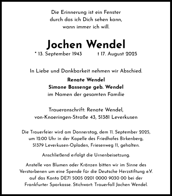 Anzeige von Jochen Wendel von Kölner Stadt-Anzeiger / Kölnische Rundschau / Express