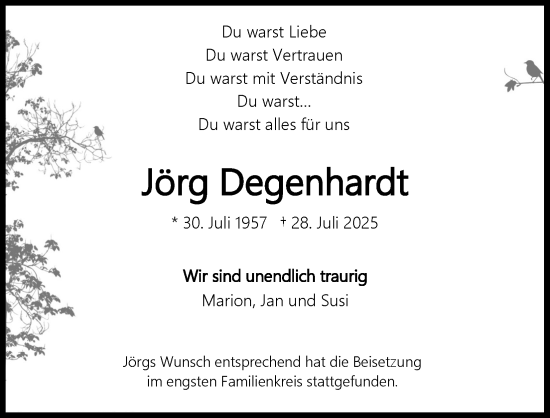 Anzeige von Jörg Degenhardt von Kölner Stadt-Anzeiger / Kölnische Rundschau / Express