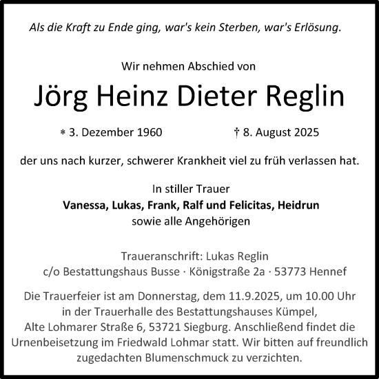 Anzeige von Jörg Heinz Dieter Reglin von Kölner Stadt-Anzeiger / Kölnische Rundschau / Express