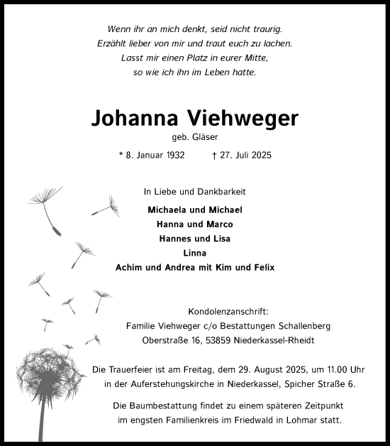 Anzeige von Johanna Viehweger von Kölner Stadt-Anzeiger / Kölnische Rundschau / Express