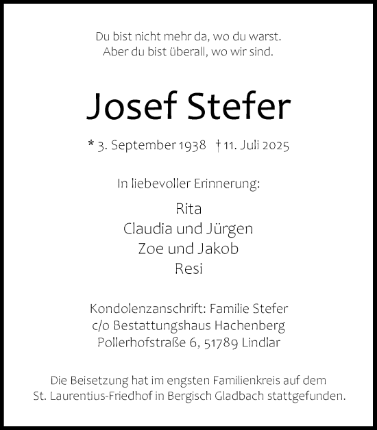 Anzeige von Josef Stefer von Kölner Stadt-Anzeiger / Kölnische Rundschau / Express