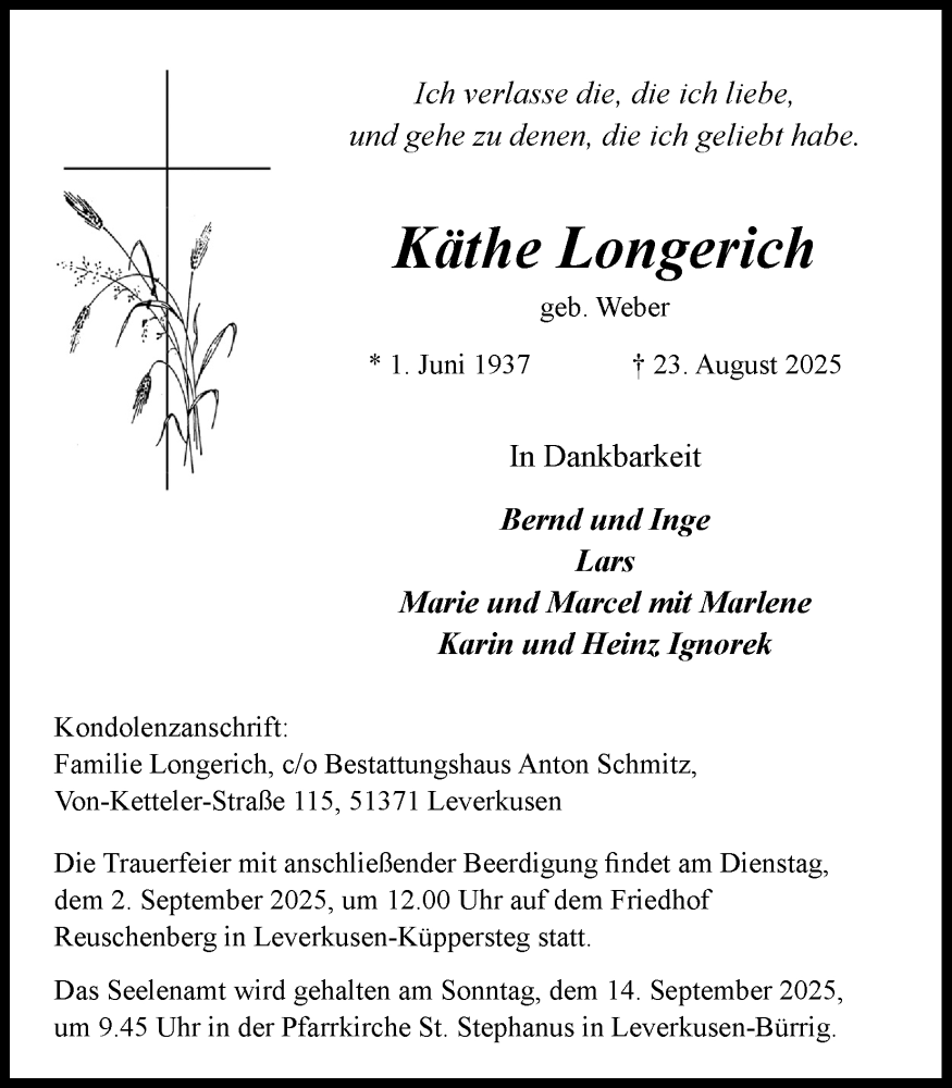  Traueranzeige für Käthe Longerich vom 30.08.2025 aus Kölner Stadt-Anzeiger / Kölnische Rundschau / Express