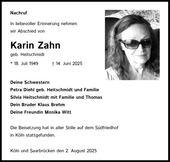 Anzeige von Karin Zahn von Kölner Stadt-Anzeiger / Kölnische Rundschau / Express