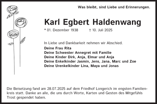 Anzeige von Karl Egbert Haldenwang von Kölner Stadt-Anzeiger / Kölnische Rundschau / Express