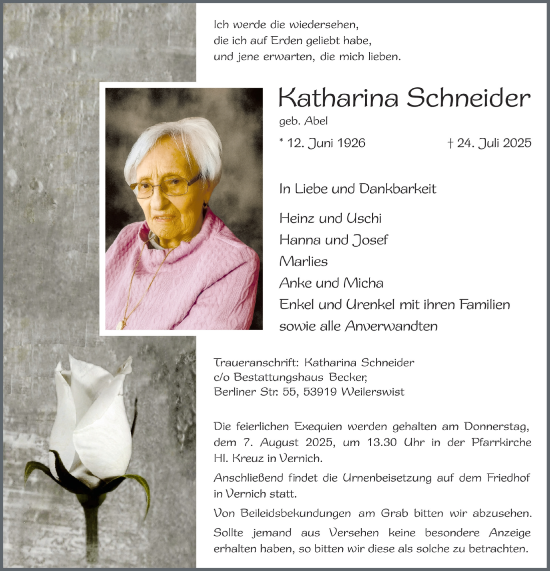 Anzeige von Katharina Schneider von  Blickpunkt Euskirchen 