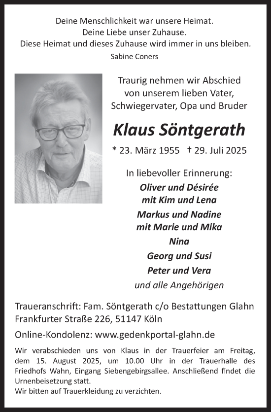 Anzeige von Klaus Söntgerath von  EXPRESS - Die Woche 