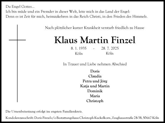 Anzeige von Klaus Martin Finzel von Kölner Stadt-Anzeiger / Kölnische Rundschau / Express