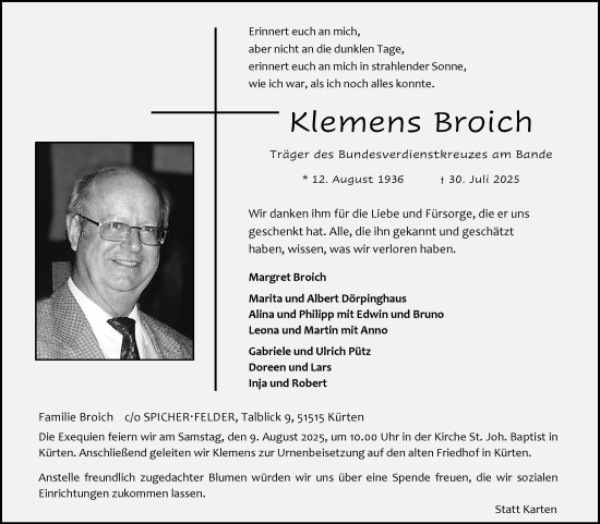 Anzeige von Klemens Broich von Kölner Stadt-Anzeiger / Kölnische Rundschau / Express