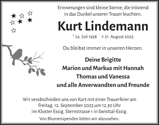 Anzeige von Kurt Lindemann von  Schaufenster/Blickpunkt 