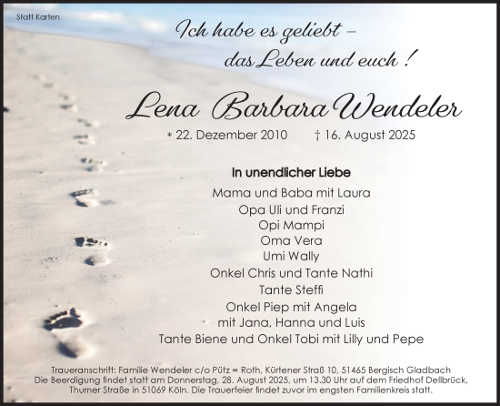 Anzeige von Lena Barbara Wendeler von Kölner Stadt-Anzeiger / Kölnische Rundschau / Express