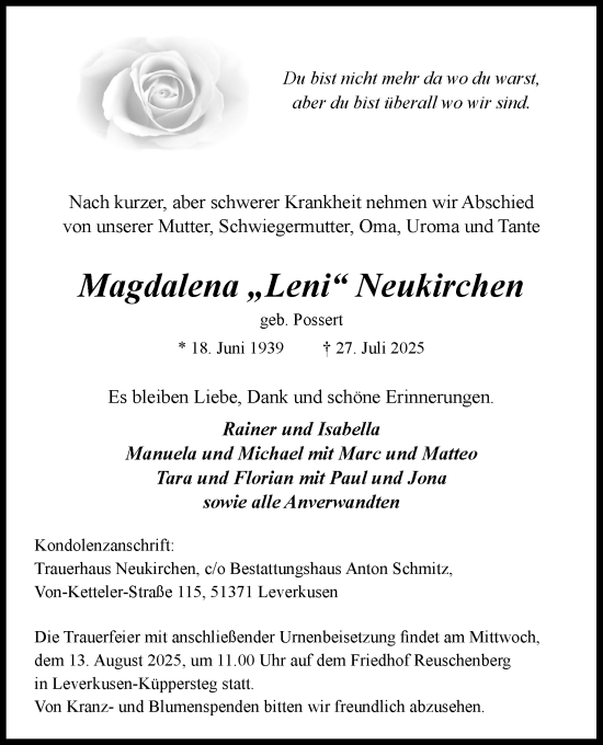 Anzeige von Magdalena Neukirchen von Kölner Stadt-Anzeiger / Kölnische Rundschau / Express