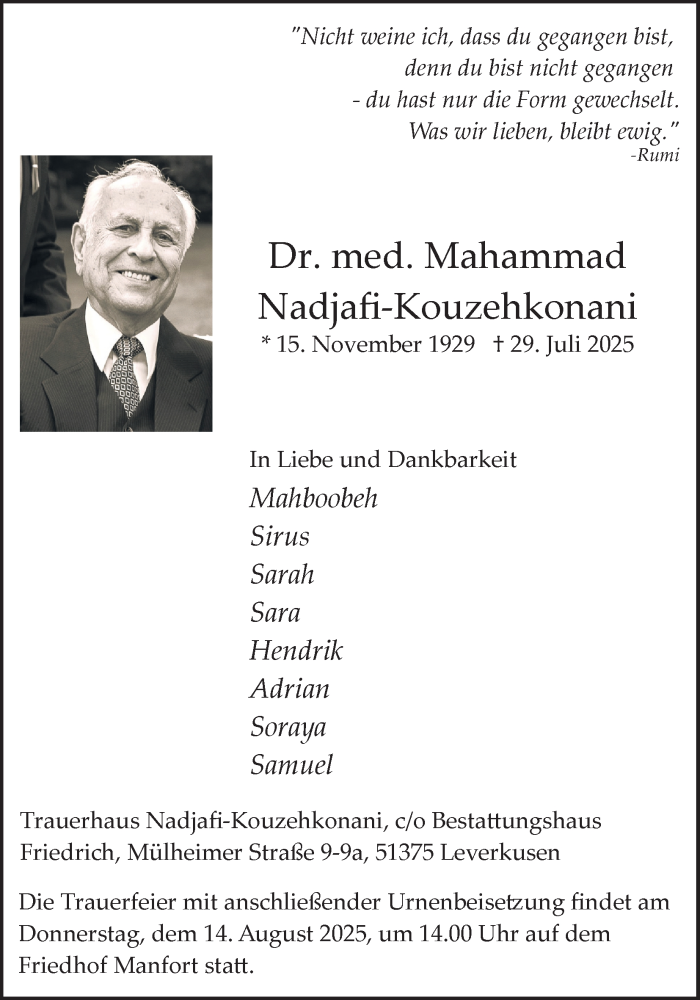  Traueranzeige für Mahammad Nadjafi-Kouzehkonani vom 09.08.2025 aus Kölner Stadt-Anzeiger / Kölnische Rundschau / Express