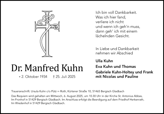 Anzeige von Manfred Kuhn von Kölner Stadt-Anzeiger / Kölnische Rundschau / Express