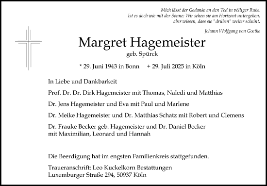 Anzeige von Margret Hagemeister von Kölner Stadt-Anzeiger / Kölnische Rundschau / Express