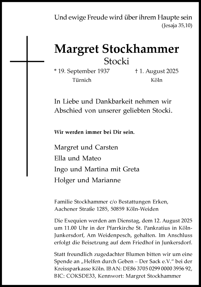  Traueranzeige für Margret Stockhammer vom 09.08.2025 aus Kölner Stadt-Anzeiger / Kölnische Rundschau / Express