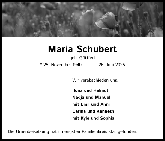 Anzeige von Maria Schubert von Kölner Stadt-Anzeiger / Kölnische Rundschau / Express