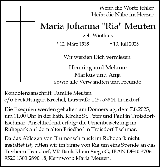 Anzeige von Maria Johanna Meuten von Kölner Stadt-Anzeiger / Kölnische Rundschau / Express