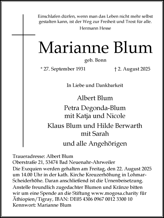 Anzeige von Marianne Blum von Kölner Stadt-Anzeiger / Kölnische Rundschau / Express