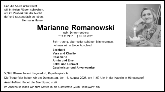 Anzeige von Marianne Romanowski von Kölner Stadt-Anzeiger / Kölnische Rundschau / Express