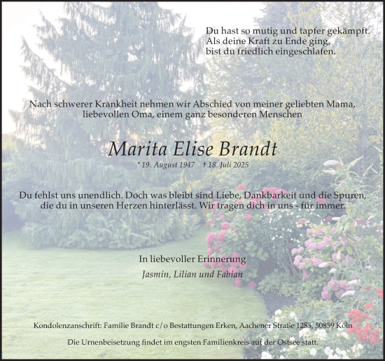 Anzeige von Marita Elise Brandt von Kölner Stadt-Anzeiger / Kölnische Rundschau / Express