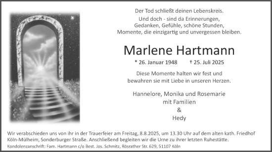 Anzeige von Marlene Hartmann von Kölner Stadt-Anzeiger / Kölnische Rundschau / Express