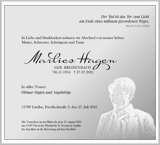 Anzeige von Marlies Hagen von Kölner Stadt-Anzeiger / Kölnische Rundschau / Express