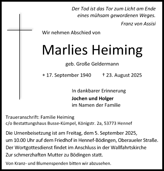 Anzeige von Marlies Heiming von Kölner Stadt-Anzeiger / Kölnische Rundschau / Express