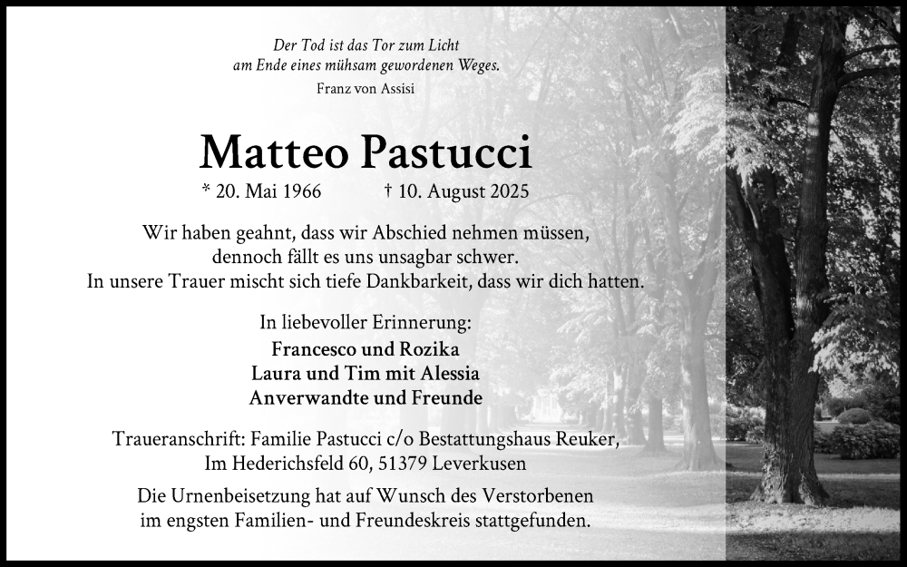  Traueranzeige für Matteo Pastucci vom 30.08.2025 aus Kölner Stadt-Anzeiger / Kölnische Rundschau / Express
