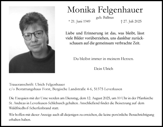 Anzeige von Monika Felgenhauer von Kölner Stadt-Anzeiger / Kölnische Rundschau / Express
