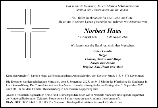 Anzeige von Norbert Haas von Kölner Stadt-Anzeiger / Kölnische Rundschau / Express