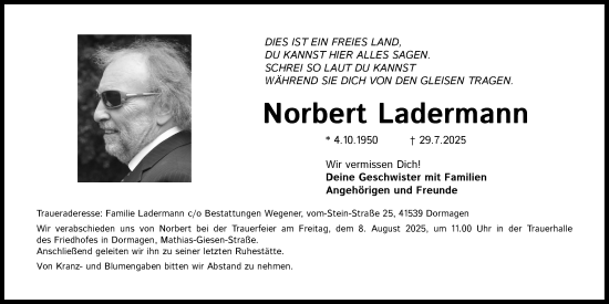 Anzeige von Norbert Ladermann von Kölner Stadt-Anzeiger / Kölnische Rundschau / Express
