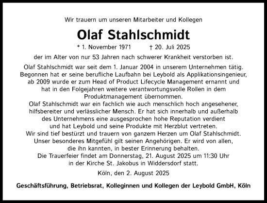Anzeige von Olaf Stahlschmidt von Kölner Stadt-Anzeiger / Kölnische Rundschau / Express