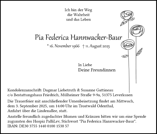 Anzeige von Pia Federica Hannwacker-Baur von Kölner Stadt-Anzeiger / Kölnische Rundschau / Express