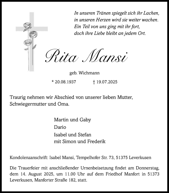 Anzeige von Rita Mansi von Kölner Stadt-Anzeiger / Kölnische Rundschau / Express