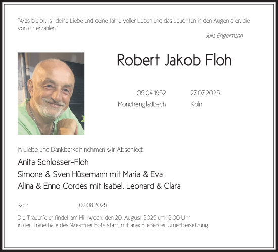 Anzeige von Robert Jakob Floh von Kölner Stadt-Anzeiger / Kölnische Rundschau / Express