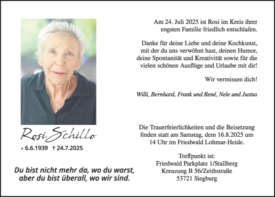 Anzeige von Rosi Schillo von Kölner Stadt-Anzeiger / Kölnische Rundschau / Express