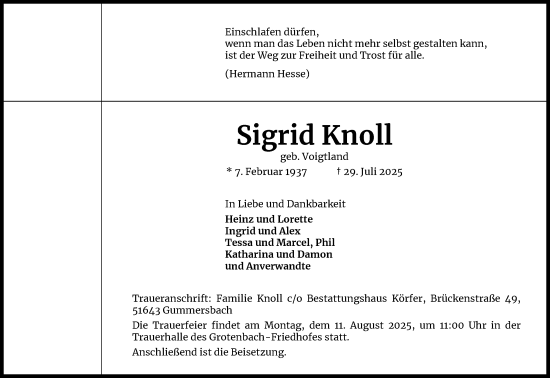 Anzeige von Sigrid Knoll von Kölner Stadt-Anzeiger / Kölnische Rundschau / Express