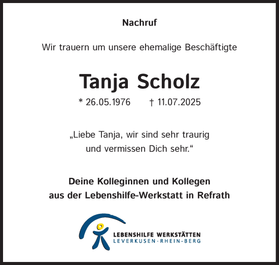 Anzeige von Tanja Scholz von Kölner Stadt-Anzeiger / Kölnische Rundschau / Express