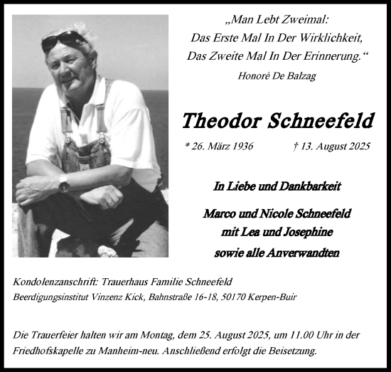 Anzeige von Theodor Schneefeld von Kölner Stadt-Anzeiger / Kölnische Rundschau / Express