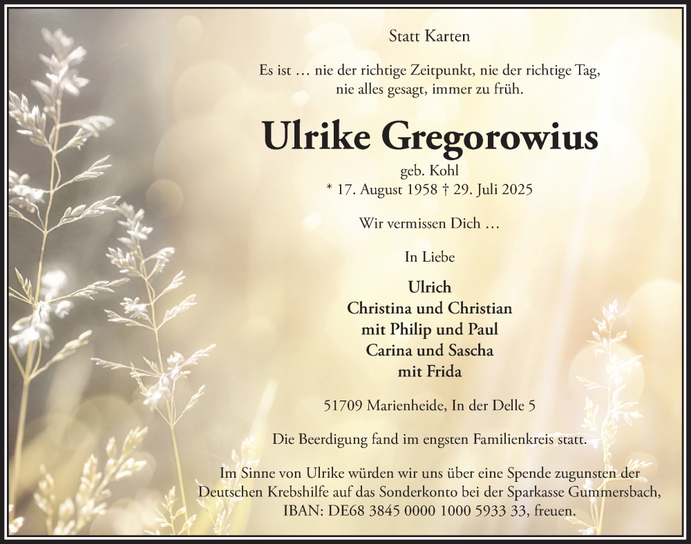  Traueranzeige für Ulrike Gregorowius vom 15.08.2025 aus  Anzeigen Echo 