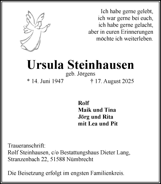 Anzeige von Ursula Steinhausen von Kölner Stadt-Anzeiger / Kölnische Rundschau / Express