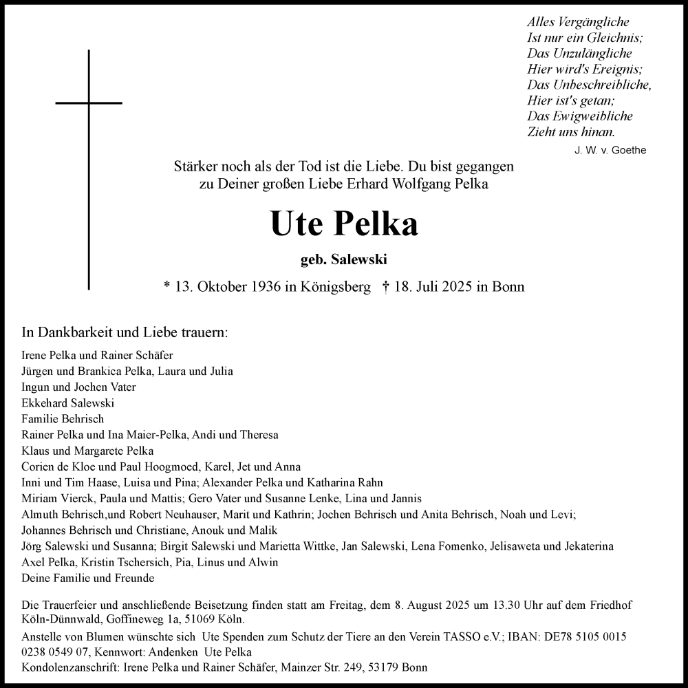  Traueranzeige für Ute Pelka vom 02.08.2025 aus Kölner Stadt-Anzeiger / Kölnische Rundschau / Express