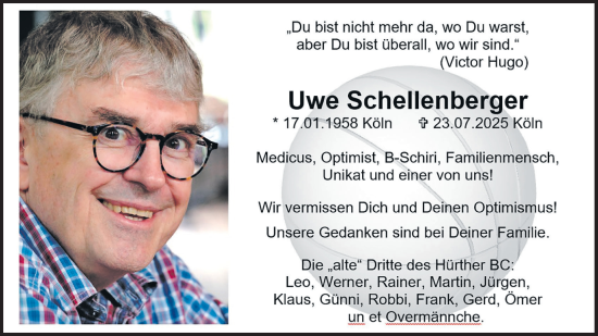 Anzeige von Uwe Schellenberger von Kölner Stadt-Anzeiger / Kölnische Rundschau / Express
