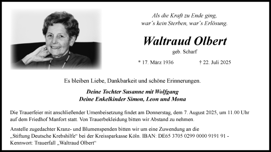 Anzeige von Waltraud Olbert von Kölner Stadt-Anzeiger / Kölnische Rundschau / Express